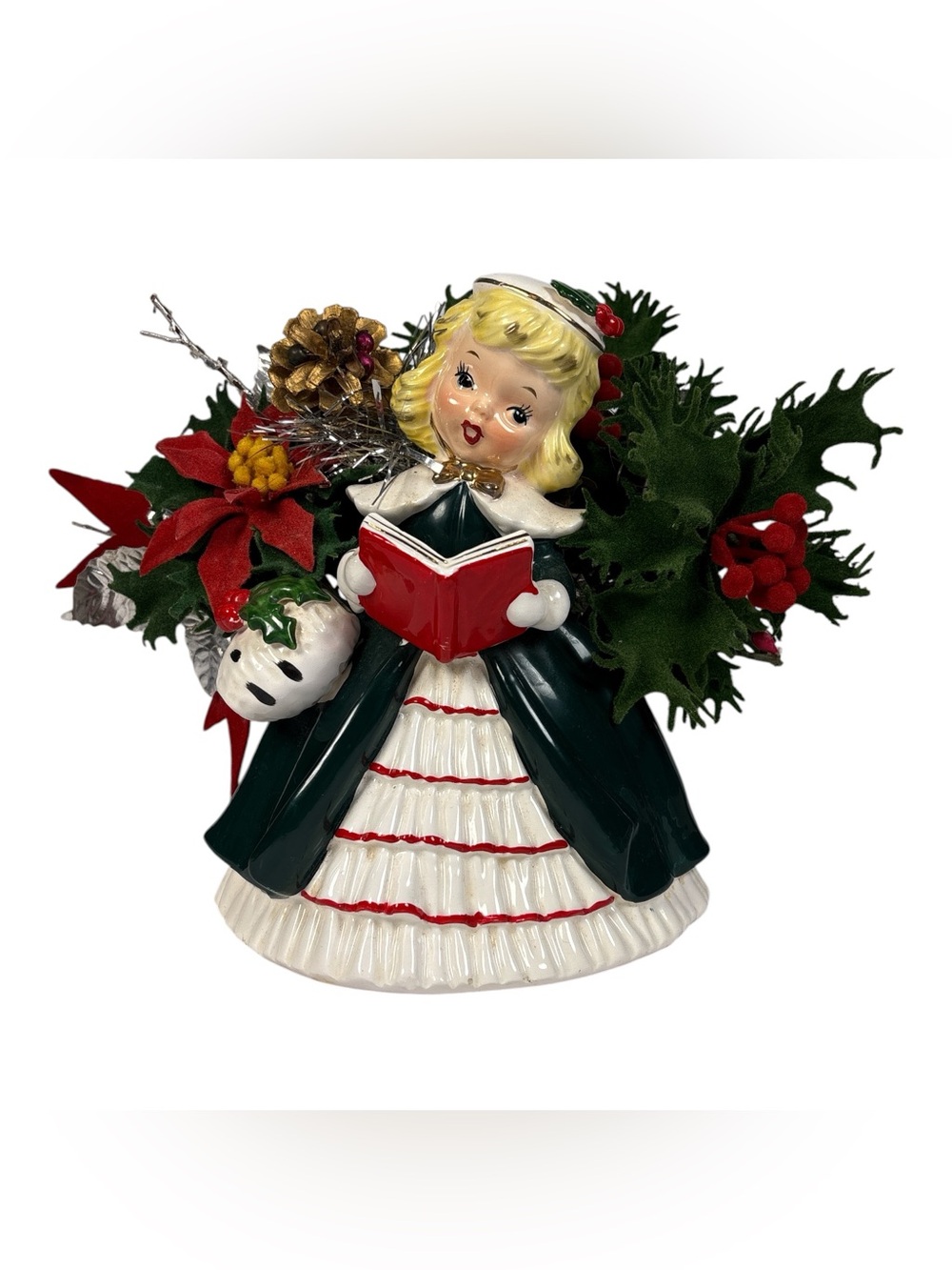 7” Napco 1956 Christmas Girl Caroler Planter AX2193C Ceramic Japan w/ Florals